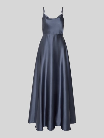 Productfoto, Abendkleid mit Spaghettiträger und tiefem Rückenausschnitt van Laona, jurk van satijn in donkerblauw, tailored fit, maxi-jurk, waterfalkraag, rugrits, ruglengte 159 cm, borstwijdte 31 cm