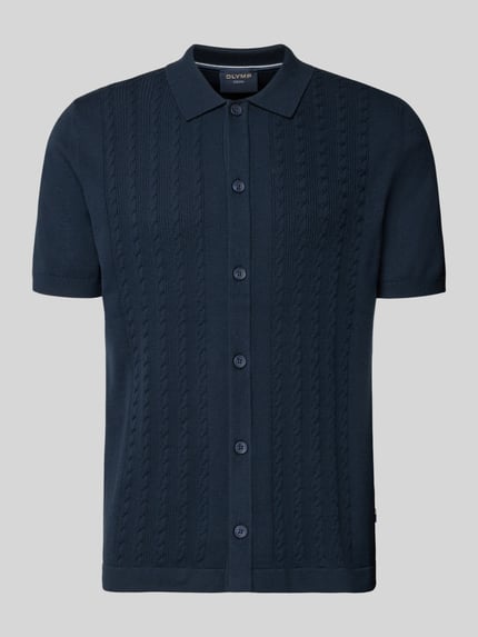 Produktfoto, Regular Fit Poloshirt mit 1/2-Arm von OLYMP, Baumwoll-Mix, Zopfmuster, dunkelblau, strukturierte Oberfläche, Knopfleiste, Polokragen