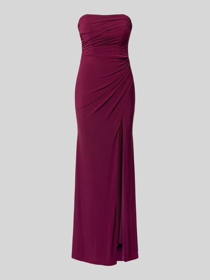 Produktfoto, Slim Fit Abendkleid in Maxilänge mit Gehschlitz von Hey Kyla im Schulterfrei-Design, Elastischer-Material-Mix, Raffung, bordeauxfarben