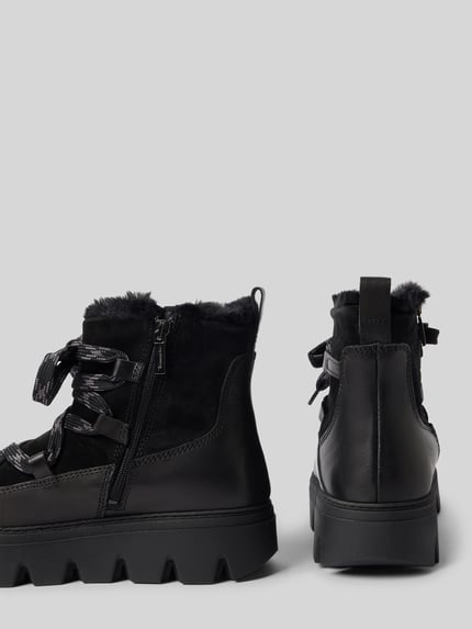 Produktfoto, Boots aus echtem Rindsvelours von Tamaris in Optik: Unifarben mit Wildleder-Optik, runder Schuhspitze, Keilabsatz, Label-Prägung, profiliertem Sohle, Schnürung und Reißverschluss, Materialverarbeitung: Veloursleder, Material: reines Rindsvelours