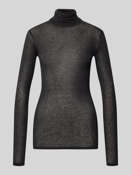 Produktfoto, Slim Fit Rollkragenshirt aus reiner Baumwolle von American Vintage, zwart, geribde structuur, siernaden, met lange mouwen, ruglengte maat S: 68 cm