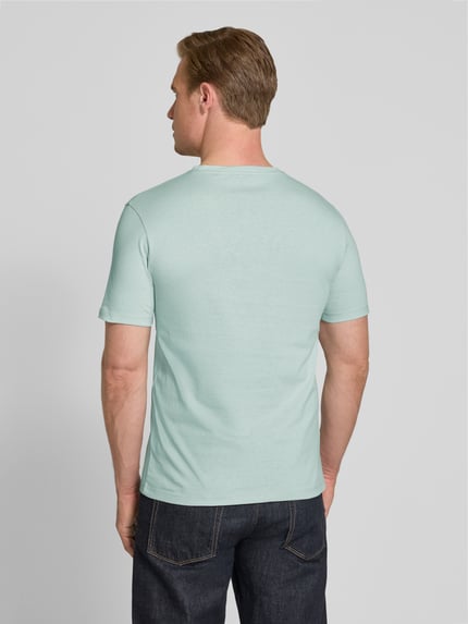 Männermodel trägt Regular Fit T-Shirt aus reiner Baumwolle Modell 'TALES' von BOSS Orange in Optik: Unifarben, Rückansicht Ganzkörperansicht.