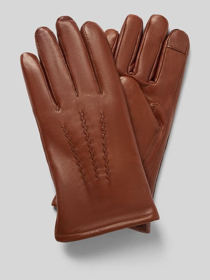 Produktfoto, Handschuhe aus echtem Leder mit Touchscreenfunktion von Akaroa, heren handschoenen, deelnaad, trensje met drukknoopsluiting, Model 'Cash', gladbruin oppervlak