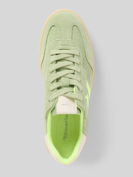 Produktfoto, Low Top Sneaker aus Rindsleder-Textile-Mix von Tamaris in uni Hellgrün mit runder Schuhspitze, flacher Sohle, Effektgarn und Logo-Prägung