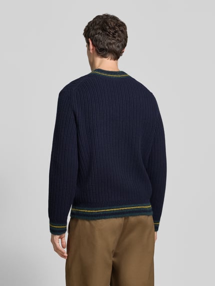 Männermodel trägt Pullover mit Logo-Patch aus Wolle Alpaka von LACOSTE in dunkelblauer Strickoptik mit Strukturmuster, Ganzkörperansicht Rückansicht.