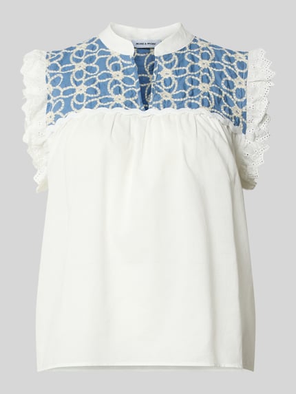 Produktfoto, Blusentop met stitchings en V-hals van More & More, dames, puur katoen, regular fit, kant, ruglengte bij maat 36: 56 cm