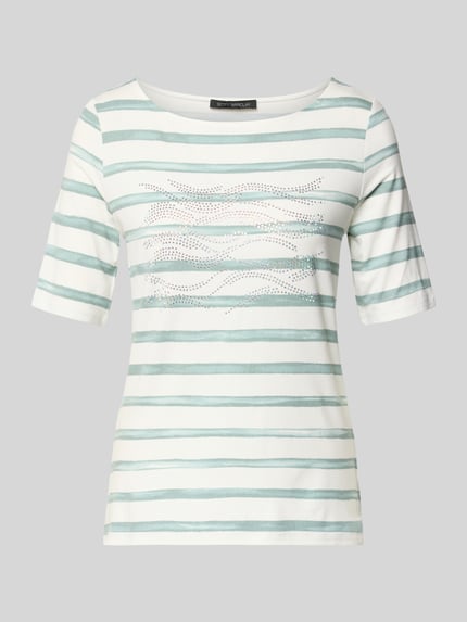 Produktfoto, T-Shirt aus Viskose-Elasthan-Mix mit Ziersteinbesatz von Betty Barclay, grün-weiß gestreift, Regular Fit, 1/2-Arm, Rundhalsausschnitt, Rückenlänge 61 cm bei Größe 36, glatte Textur