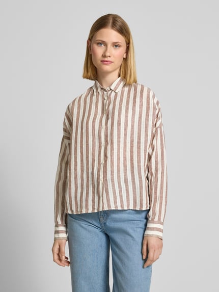 0039 Italy Bluzka lniana o kroju regular fit z obniżonymi ramionami Czekoladowy 4