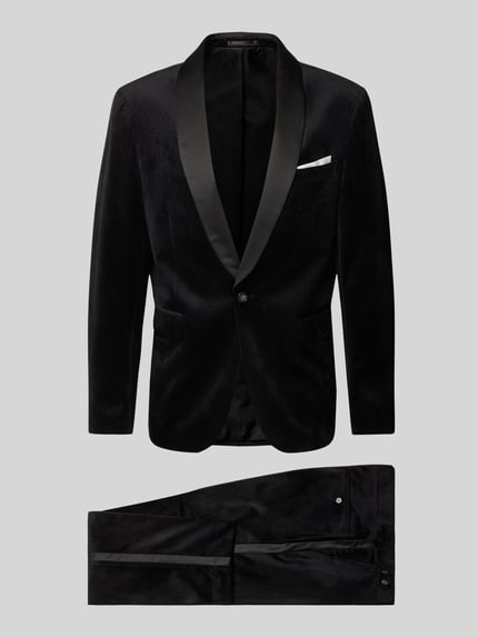 Produktfoto, Slim Fit Anzug aus Samt von Lindbergh, czarny, z szalowym kołnierzem, kieszenie z patką i poszetką, materiał aksamit