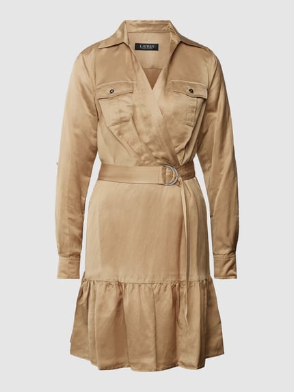 Lauren Ralph Lauren Knielanges Hemdblusenkleid in Wickel-Optik aus Viskose-Leinen-Mix Camel 2