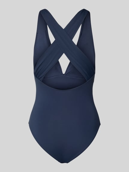 Produktfoto, Body mit V-Ausschnitt von Seafolly, dunkelblauer Material-Mix, körpernaher Schnitt, Rückseite mit überkreuzten Trägern, Raffungen.