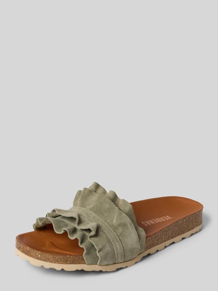 Produktfoto, Slipper aus echt leer Modell 'Rocio' van Verbenas voor dames, afgeronde pasvorm, met ruches, profielzool, open hiel, hakhoogte maat 40: 3 cm, olijfgroen, bruine binnenzool, beige zool, zachte textuur