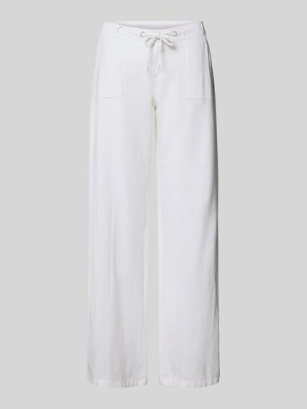 Produktfoto, Mid Waist Hose aus Leinen-Baumwoll-Mix von Gina Tricot in Weiß, weites Bein, Eingrifftaschen, Tunnelzug, Bundweite 40 cm, Innenbeinlänge 78 cm, Damen Hose
