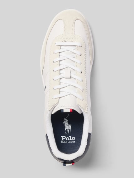 Produktfoto, witte sneakers van rundleer met beige en donkerblauwe details, Sneaker aus echtem Rindsleder van Polo Ralph Lauren, Heren