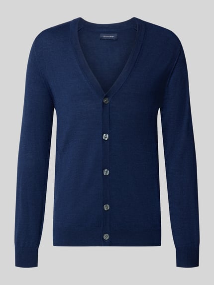 Produktfoto, Cardigan aus Woll-Mix mit V-Ausschnitt von Christian Berg Men in Dunkelblau, körpernaher Schnitt, Knopfleiste, glatte Struktur