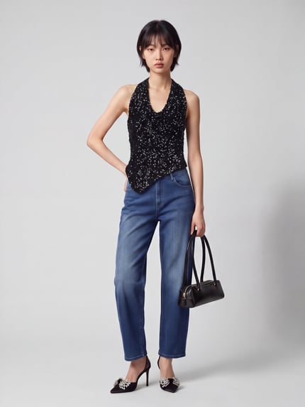 ONLY Top mit Pailletten asymmetrischem Saum Metallic Black 1