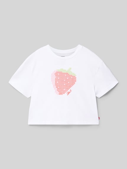 Produktfoto, Regular Fit T-Shirt aus Baumwoll-Mix Modell 'LVG STRAWBERRY SS TOP' von Levi’s® Kids, Optik: Unifarben, vorn Motiv-Stitching Erdbeere, Label-Patch, Rundhals, Ärmelform: Kurzarm, Jersey, glatte Textur.