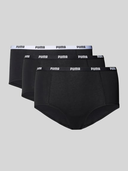 Produktfoto, Pants mit elastischem Logo-Bund im 3er-Pack von PUMA aus schwarzem Baumwoll-Elasthan-Mix, körpernaher Schnitt, jeweils mit kontrastierendem PUMA Schriftzug am Bund, glatte und weiche Textur.