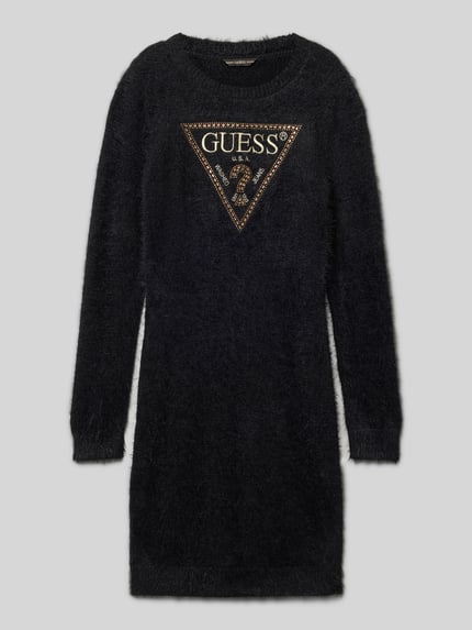 GUESS Sukienka z dzianiny dresowej ze sztucznym futrem i obszyciem ozdobnymi kamieniami Czarny 1