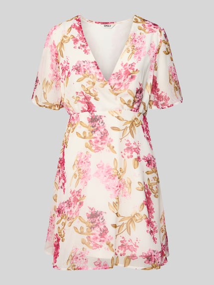 Produktfoto, Minikleid aus Crêpe-Chiffon Modell 'STAR-SUA' von Only, florales Allover-Muster in Rosa und Beige, Tailliert, V-Ausschnitt, Schmetterlingsärmel, strukturierte Materialverarbeitung