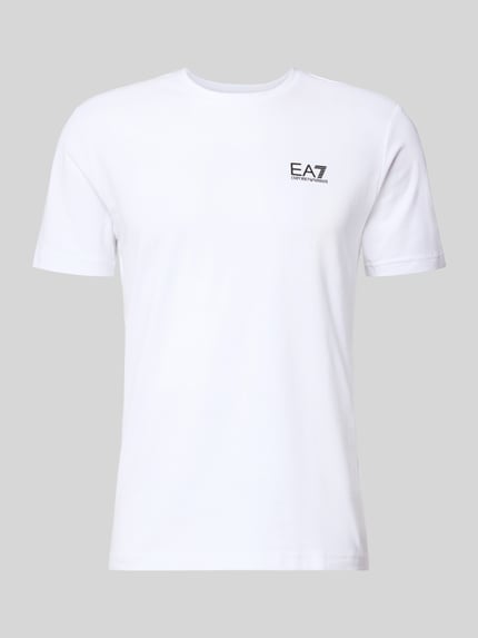 Produktfoto, T-Shirt mit Label-Print von EA7 Emporio Armani in Weiß, gerippter Rundhalsausschnitt, Slim Fit, glatte Oberfläche, Baumwoll-Elasthan-Mix