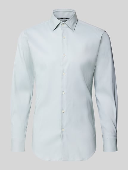 Produktfoto, Slim Fit Businesshemd aus Stretch-Twill Modell 'P-HANK-KENT-C1-222' von BOSS in Unifarbe mit Kentkragen und durchgehender Knopfleiste.