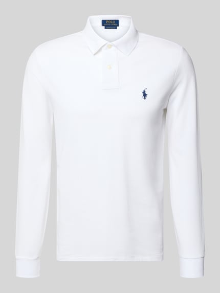 Produktfoto, Regular Fit Poloshirt aus reiner Baumwolle von Polo Ralph Lauren, Optik: Unifarben, Logo-Stitching, Polokragen, Langarm, Piqué-Struktur, Verschluss: kurze Knopfleiste, Farbe: Weiß