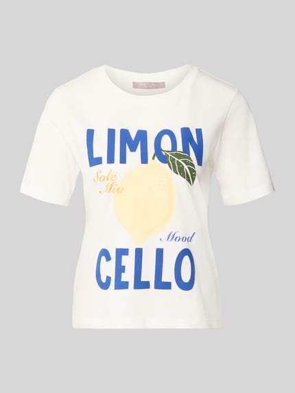 Produktfoto, T-Shirt mit Motiv-Print und Rundhalsausschnitt von Christian Berg Woman Selection, Weiß mit blauem Schriftzug, Motiv-Print Zitrone, Reine Baumwolle, Regular-Fit, Rückenlänge 56 cm bei Größe 36.
