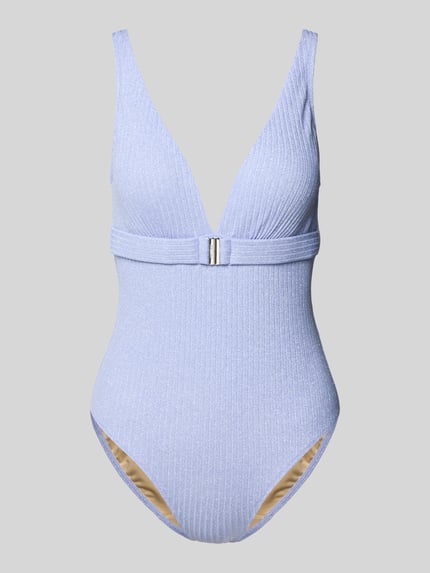 Produktfoto, Badeanzug mit Gürtel Modell 'TINJIS' van Marie Jo in lichtblauw met ribstructuur, diepe V-hals, stretchmateriaal, nauwsluitende fit