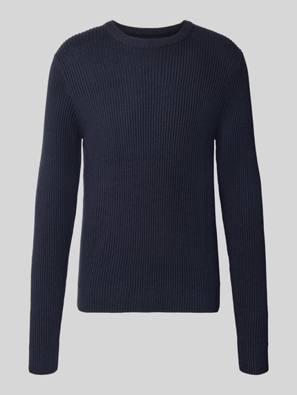 Produktfoto, Strickpullover mit Rundhalsausschnitt Modell 'PANNEL' von JACK & JONES, dunkelblauer Material-Mix, gerippte Textur