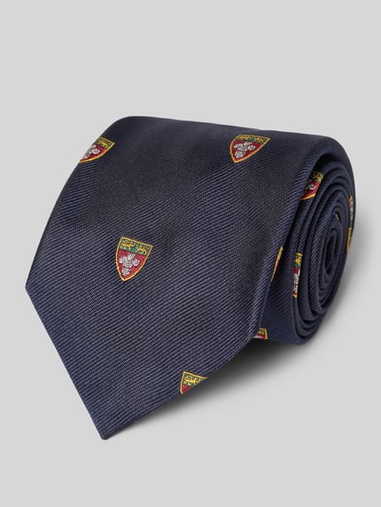 Produktfoto, Krawatte aus reiner Seide von Polo Ralph Lauren in Dunkelblau mit kleinen, mehrfarbigen Wappenmotiven auf feiner Textur