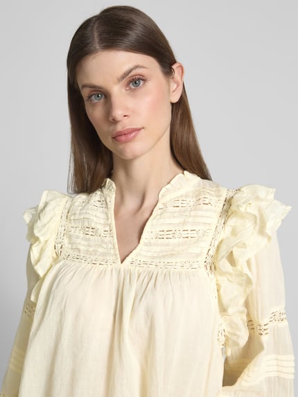 Neo Noir Bluzka o kroju regular fit ze koronką szydełkową model ‘Mauri’ Pastelowy żółty 3