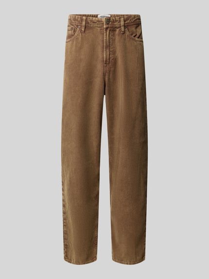 Produktfoto, Baggy Fit Cordhose Modell 'ALEX' von JACK & JONES aus reiner Baumwolle, sichtbare Eingrifftaschen, braune Struktur, Vorderansicht