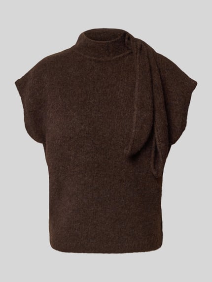 Produktfoto, brązowy damski t-shirt z elastycznej mieszanki materiałów z dodatkiem wełny, krój regular fit, imitacja dzianiny, krótki rękaw, stójka, długość tyłu w rozmiarze S: 54 cm, Regular Fit T-Shirt mit Woll-Anteil Model 'Cassi' od Topshop