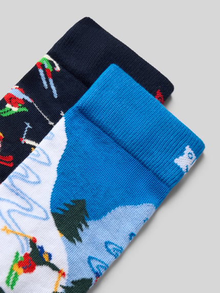 Produktfoto, Socken aus elastischem Baumwoll-Mix Modell 'Winter Sports' von Happy Socks, bunte Motiv-Prints, Label-Print, 2er-Pack, strukturiertes Rippbündchen, Herren Socken