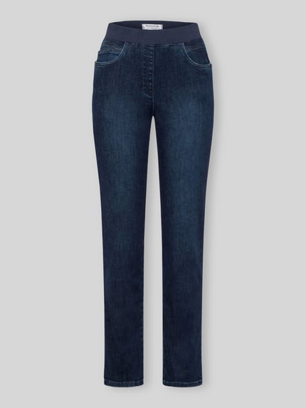 Productfoto, Straight Fit Jeans mit elastischem Bund van Raphaela by Brax in donkerblauwe denim, rechte snit, elastische tailleband, 5-pocket-design, sierdetails, katoenmix met stretch, taillewijdte maat 36: 36 cm, binnenbeenlengte maat 36: 78 cm