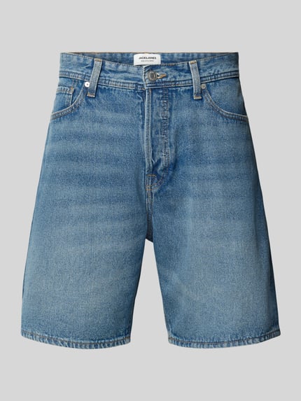 Produktfoto, Loose Fit Jeansshorts mit Eingrifftaschen Modell 'TONY' van Jack & Jones, puur katoen, heren, used-look, bandwijdte maat M 42 cm, binnenbeenlengte maat M 21 cm, blauwe denim met lichte used-wassing.