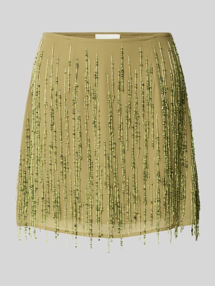 Produktfoto, Minirock mit Perlen Modell 'RHEA' von Topshop aus olivgrünem Chiffon, gerader Schnitt, Perlenverzierung, strukturierte Textur