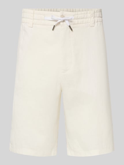 Produktfoto, Tapered Chinoshorts aus Leinen-Mix Modell 'DS_3S' von BOSS Orange in Creme mit Flammgarn-Materialverarbeitung, elastischem Tunnelzug-Bund, Knopf und verdecktem Reißverschluss, seitlichen Eingrifftaschen sowie Paspeltaschen, strukturierte Oberfläche.