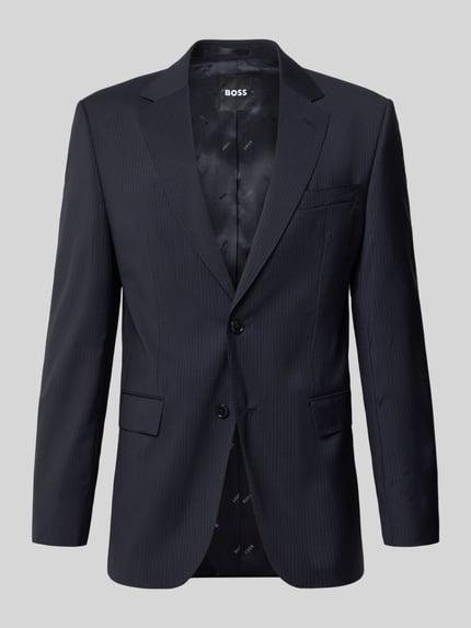 Produktfoto, Slim Fit Anzugsakko aus reiner Schurwolle Modell 'H-HUGE-263' von BOSS mit Allover-Muster, Nadelstreifen-Muster, dunkelblau, Popeline, Label-Applikation, Reverskragen, 2-Knopf-Verschluss, Pattentaschen.