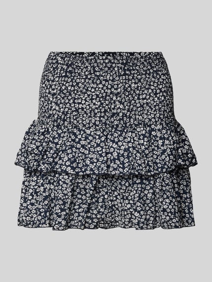 Produktfoto, Ausgestellter Mini-Rock mit Volants Modell 'ZOEY' von Only, floral gemustert, gesmokter Bund, reine Baumwolle, Farbe Dunkelblau mit Weiß