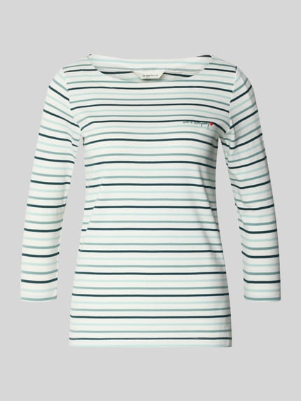 Productfoto, Regular Fit 3/4-Shirt aus Baumwoll-Mix van Tom Tailor met allover gestreept patroon, katoenmix, opdruk en boothals.