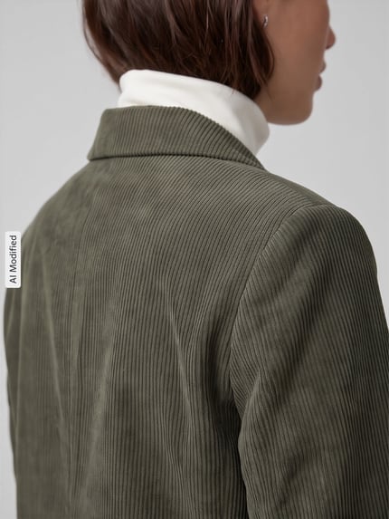 Frauenmodel trägt Loose Fit Longblazer mit steigendem Reverskragen Modell 'NORA' von VERO MODA, grün, gerippte Textur, Nahaufnahme Rückansicht, KI-modifiziertes Bild.