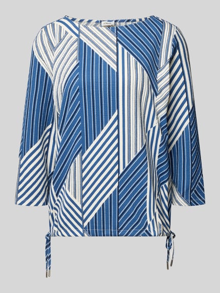 Productfoto, Regular Fit Blusentop mit Allover-Muster van s.Oliver RED LABEL in blauw-wit, Musselin structuur, tuniek kraag, tunnelkoord zoom.