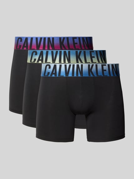 Produktfoto, Pant & Trunk mit elastischem Label-Bund im 3er-Pack Modell 'BOXER BRIEF' von Calvin Klein Underwear, schwarze Shorts mit mehrfarbigem Bund, glatte Textur, Herren Pant & Trunk von Calvin Klein Underwear
