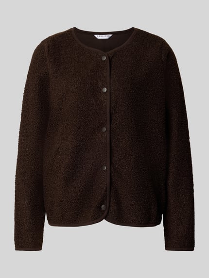 Produktfoto, Jacke mit Druckknopfverschluss Modell 'Wi44nnie' van ZABAIONE van Teddybont in donkerbruin met ronde hals, straight fit, zij-steekzakken, ruglengte maat S 56 cm, schouderbreedte 43 cm, borstwijdte 56 cm, mouwlengte 60 cm, grove textuur