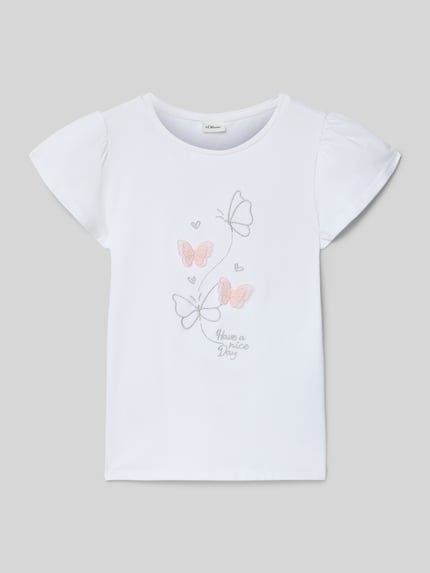 Produktfoto, Regular Fit T-Shirt aus reiner Baumwolle von s.Oliver RED LABEL, unifarben in Weiß, Motiv-Stitching mit Schmetterlingen, kurze Ärmel mit Raffung, Rundhalsausschnitt, weiche Jersey-Textur