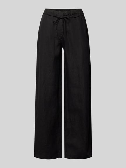 Produktfoto, schwarze Leinenhose mit Bindegürtel, weites Bein, Modell 'Chiara Belt' von MAC, reine Leinenstruktur, neutrale Ansicht.