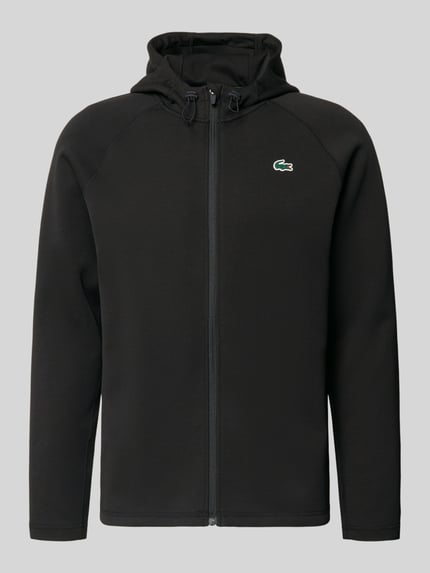 Produktfoto, Regular Fit Sweatjacke mit Baumwoll-Anteil von Lacoste Sport, czarna, gładka, zamek, logo, kaptur, długi rękaw, bawełniany miks, krój regular fit, scuba
