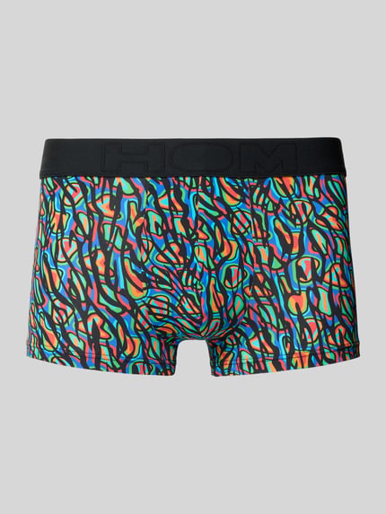 Produktfoto, Slim Fit Trunks mit Logo-Detail Modell 'Floyd' von HOM, buntes abstraktes Muster, glatte Textur, elastischer Material-Mix